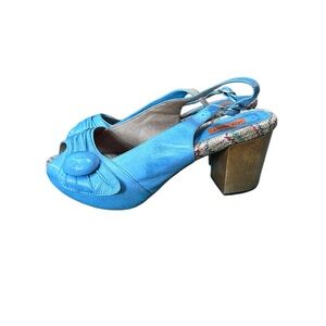 Miz Mooz Leather Violin Peep Toe Pumps Chunky Wooden Heel Retro 8.5 Light Blue